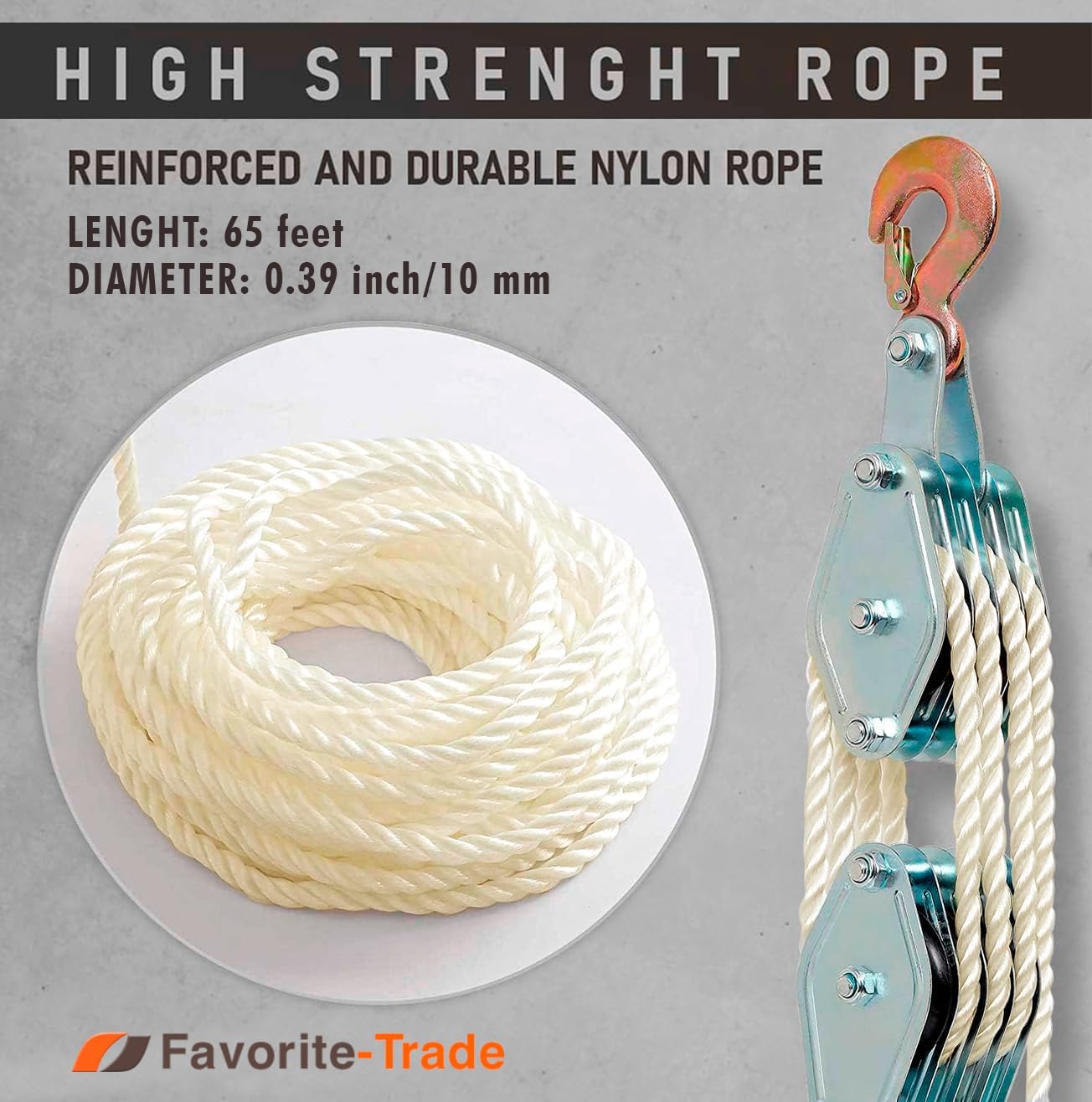 Nylon Rope Hoist Pulley Block and Tackle, 2 Ton - 6000 LB Breaking Strength, 7:1 Lifting Power, 65 Ft - Rope Hoist Pulley System for Garage, Hunting, Boat Lift - Includes 2 Straps - Image 4