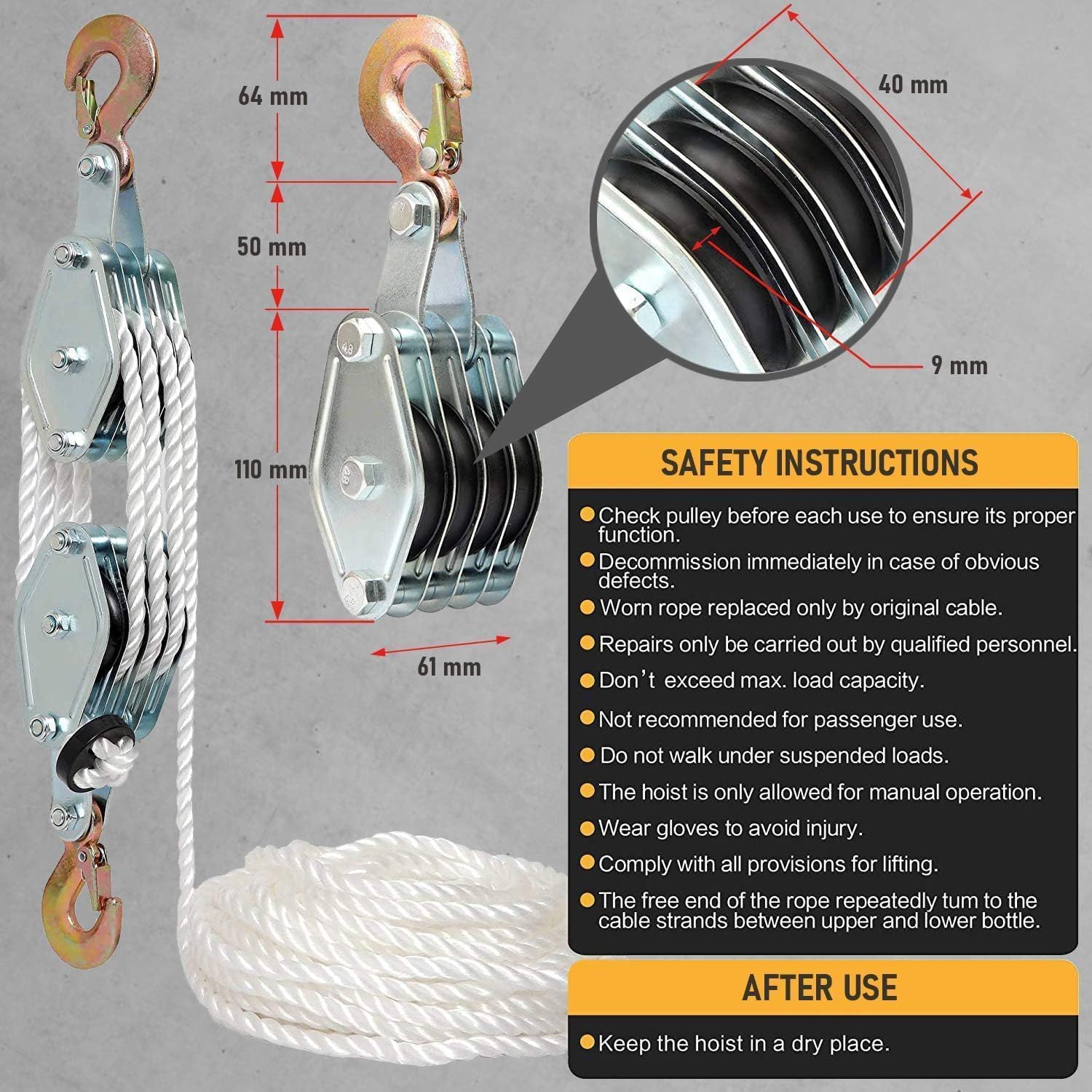 Nylon Rope Hoist Pulley Block and Tackle, 2 Ton - 6000 LB Breaking Strength, 7:1 Lifting Power, 65 Ft - Rope Hoist Pulley System for Garage, Hunting, Boat Lift - Includes 2 Straps - Image 7
