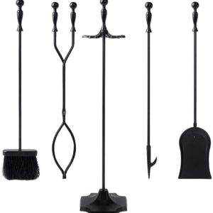 Wrought Iron Fireplace Fire Pit Toolset Tool Set of 5 pc (Black)