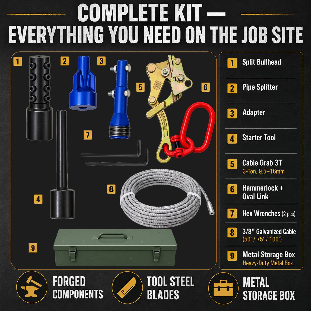 3/4-1″ Service Line Puller Kit - Trenchless Water Service Line Replacement Tool for Lead, Copper & Plastic Pipe, Forged Split Bullhead, 3/8" Galvanized Cable, Cable Grab - Image 6